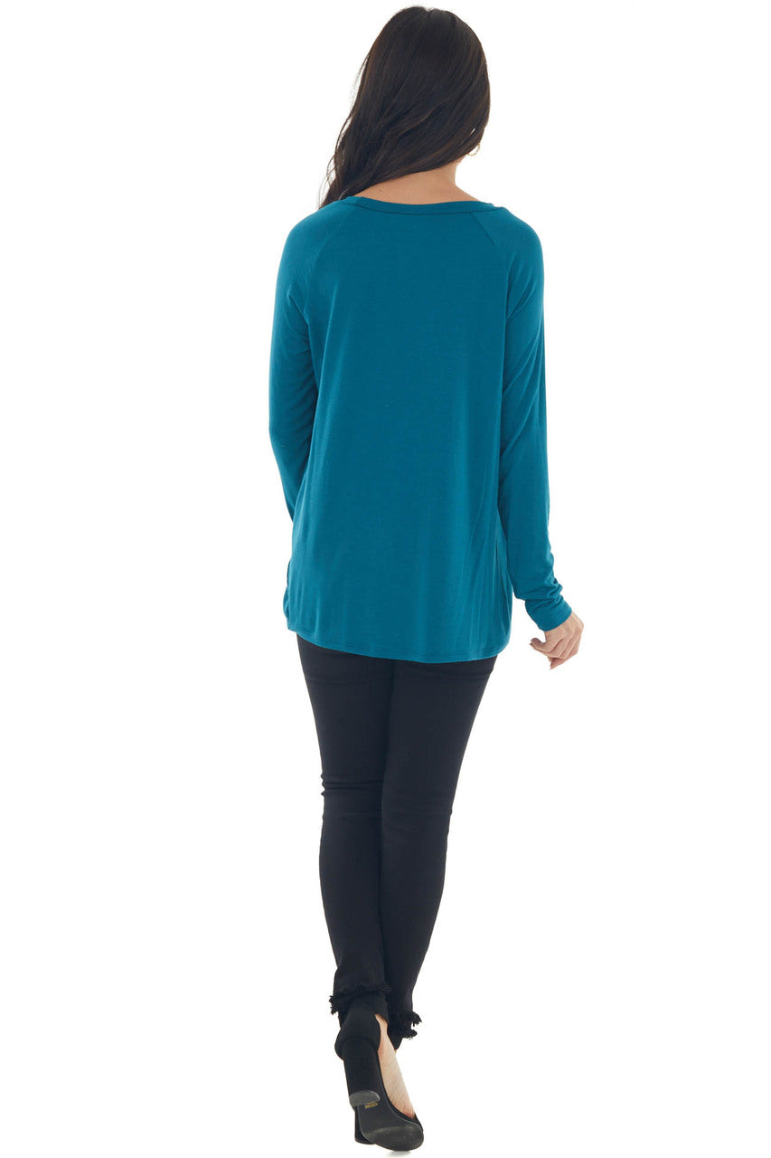 Deep Teal Long Sleeve Triple Chest Keyhole Top 