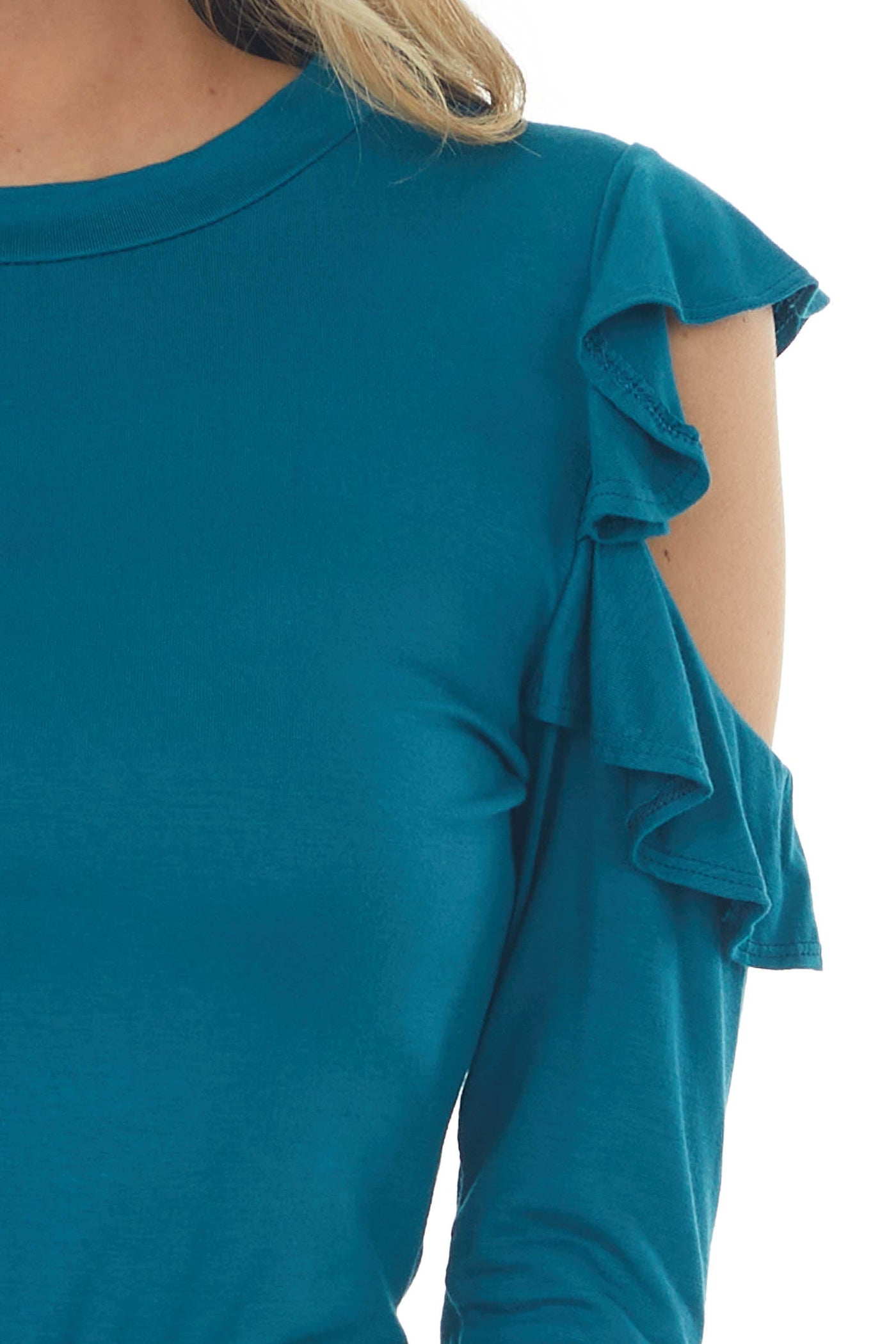 Deep Teal Ruffle Cut Out Long Sleeve Bodysuit