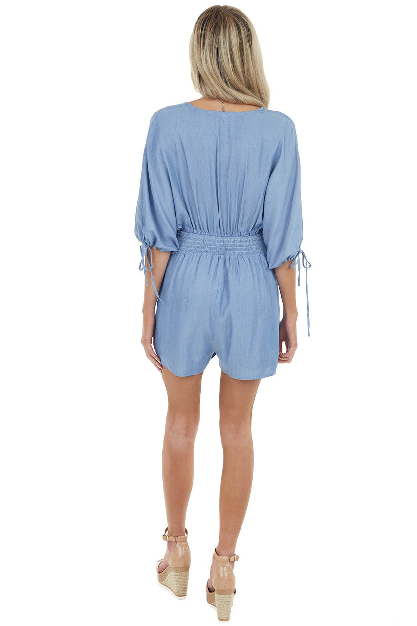 Denim Blue Dolman Sleeve Romper with Button Detail