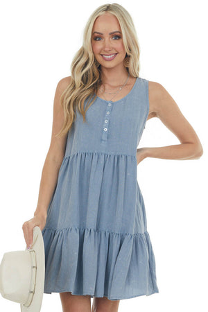 Denim Button Up Sleeveless Tiered Woven Dress