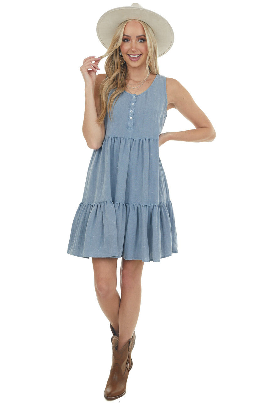 Denim Button Up Sleeveless Tiered Woven Dress