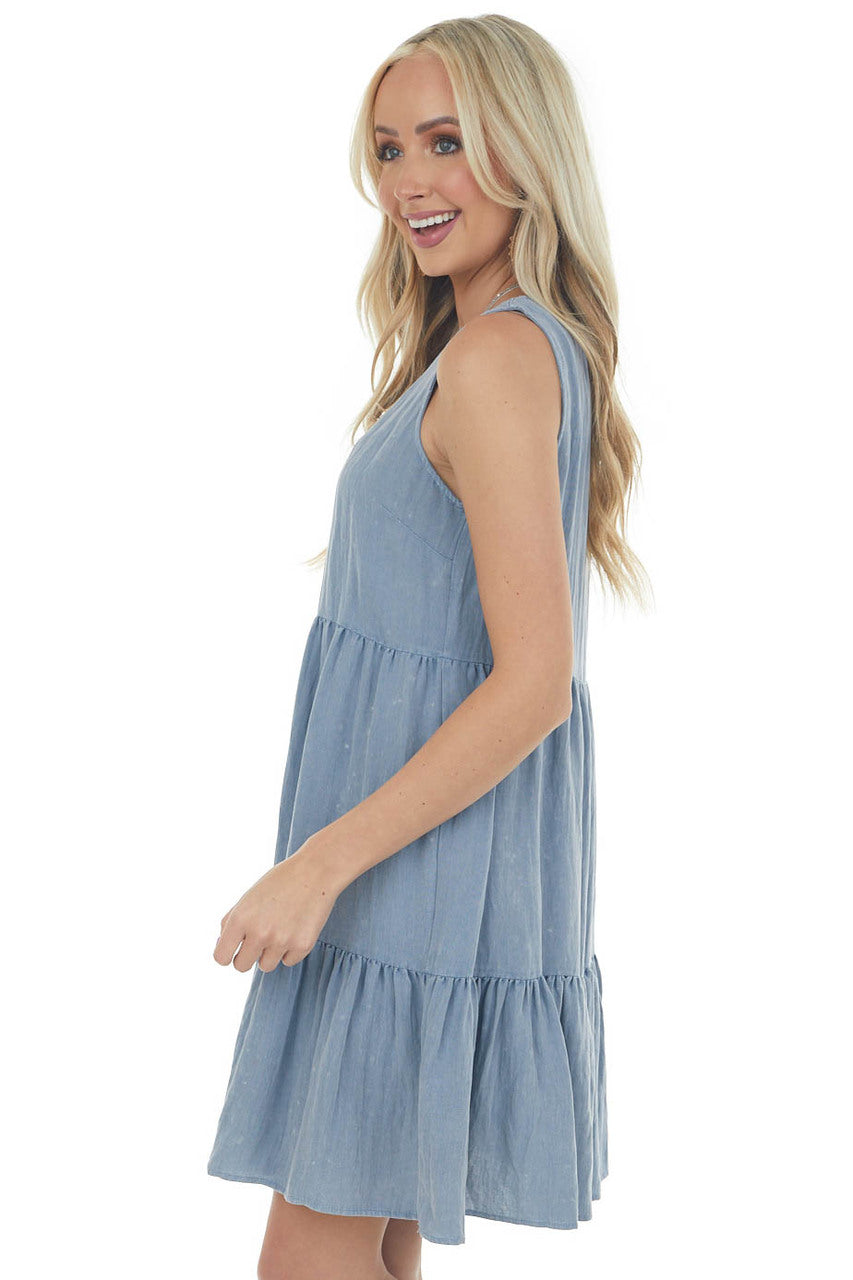 Denim Button Up Sleeveless Tiered Woven Dress
