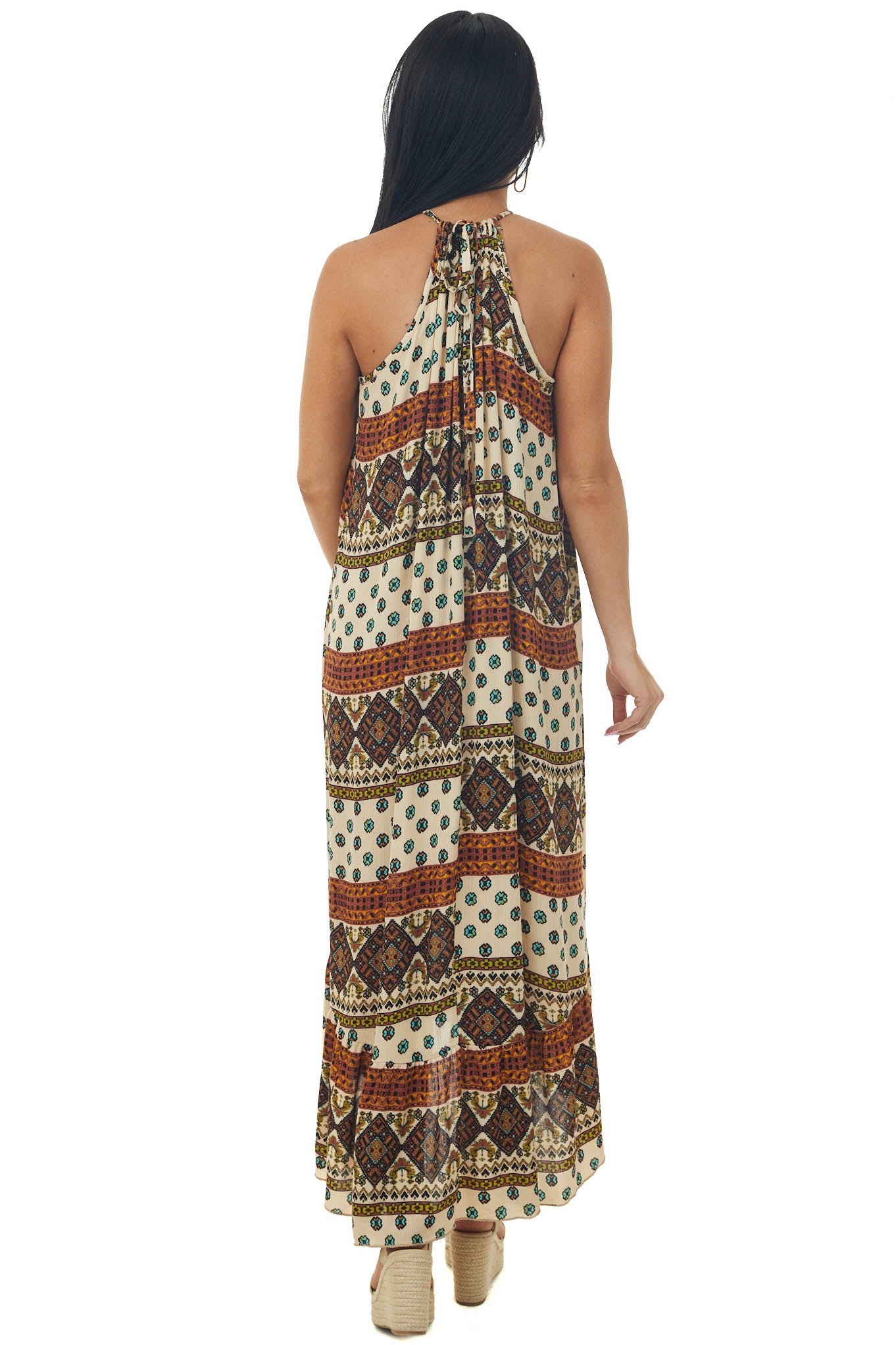 Desert Sand Abstract Print Halter Woven Dress