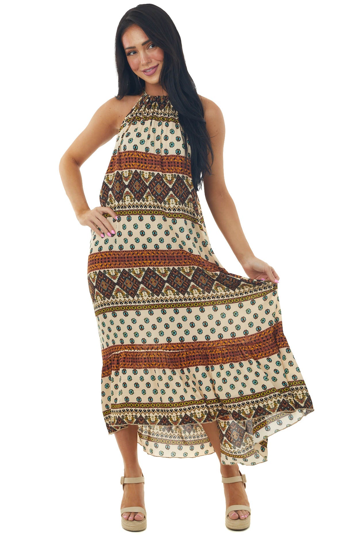 Desert Sand Abstract Print Halter Woven Dress
