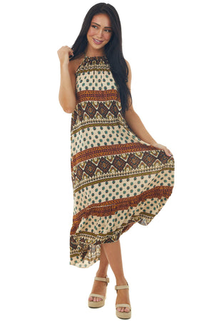 Desert Sand Abstract Print Halter Woven Dress