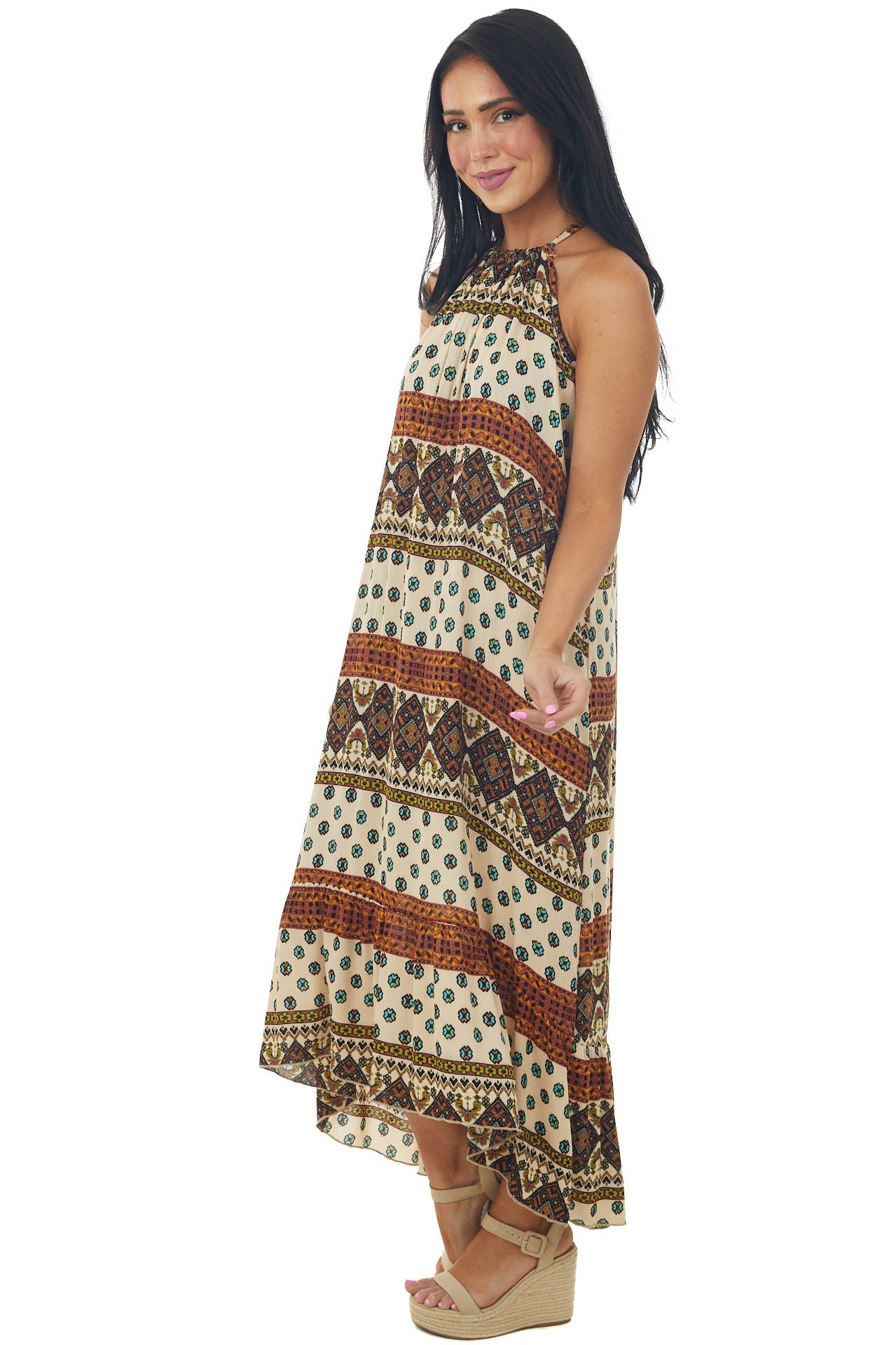 Desert Sand Abstract Print Halter Woven Dress