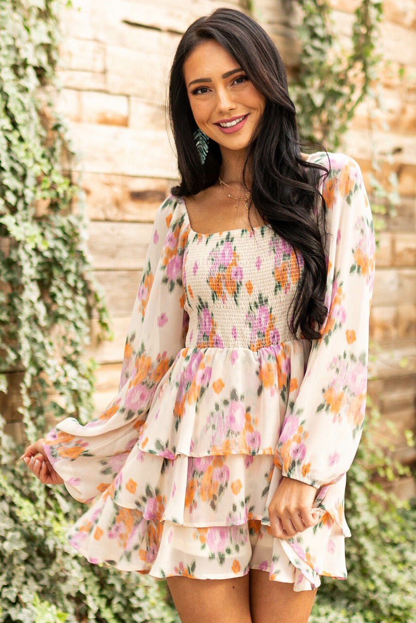 Desert Sand Floral Print Long Sleeve Romper