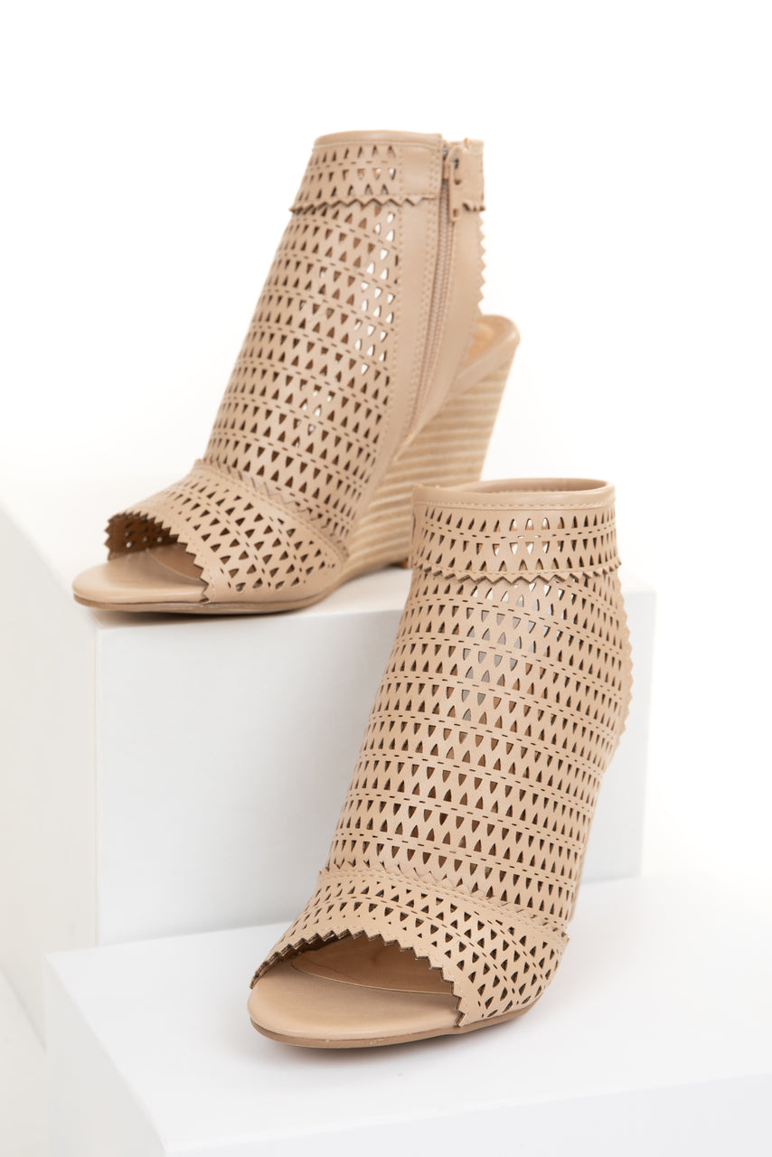 Desert Sand Geometric Cut Open Toe Wedge Heel