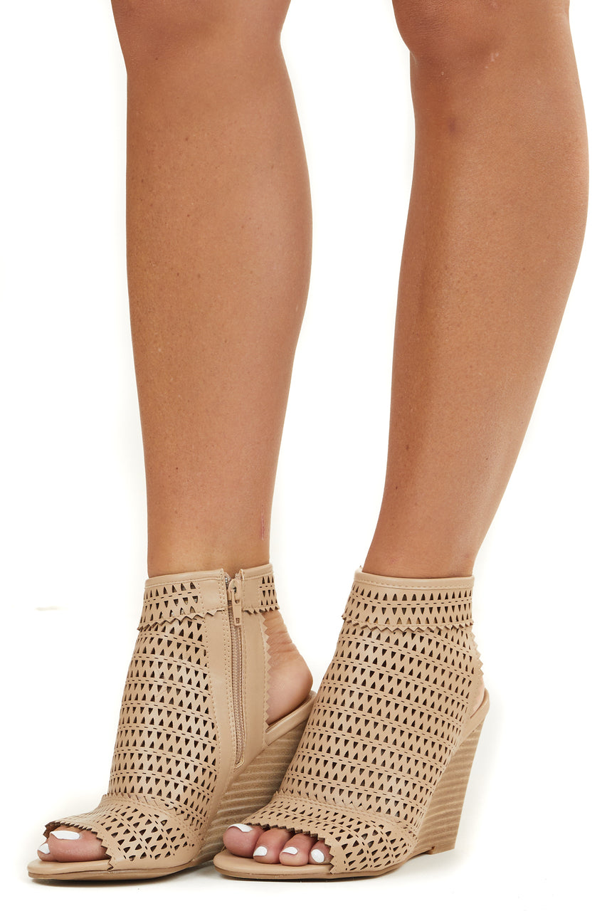 Desert Sand Geometric Cut Open Toe Wedge Heel 