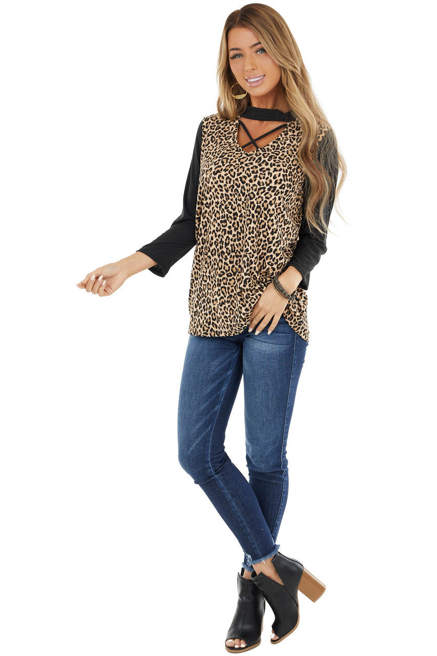 Desert Sand Leopard Print Top with Cutout Neck Detail 