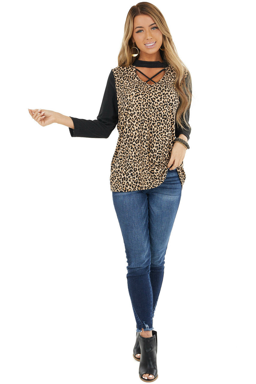 Desert Sand Leopard Print Top with Cutout Neck Detail 