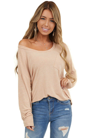 Desert Sand Long Sleeve Knit Top With Front Pocket Detail