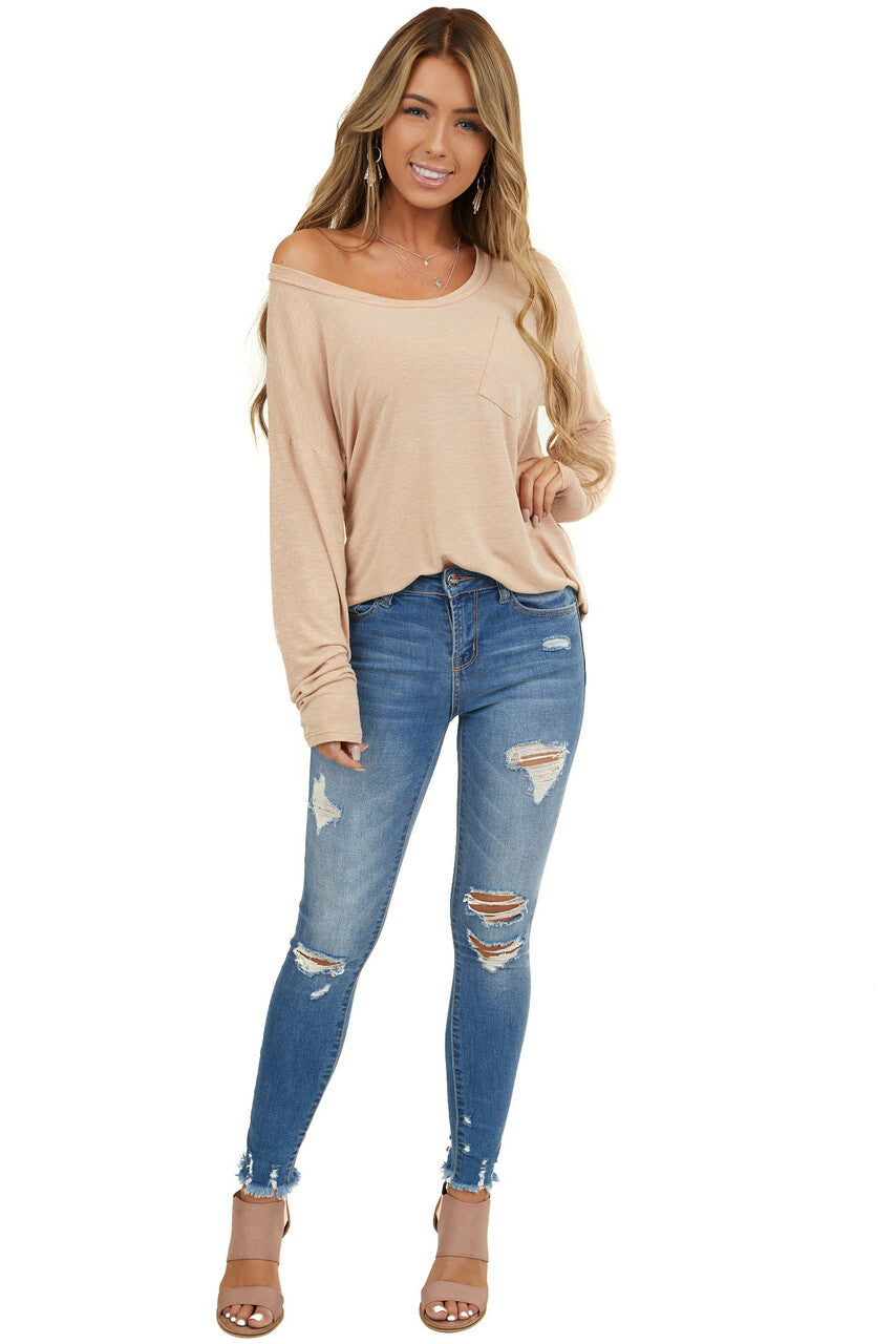 Desert Sand Long Sleeve Knit Top With Front Pocket Detail