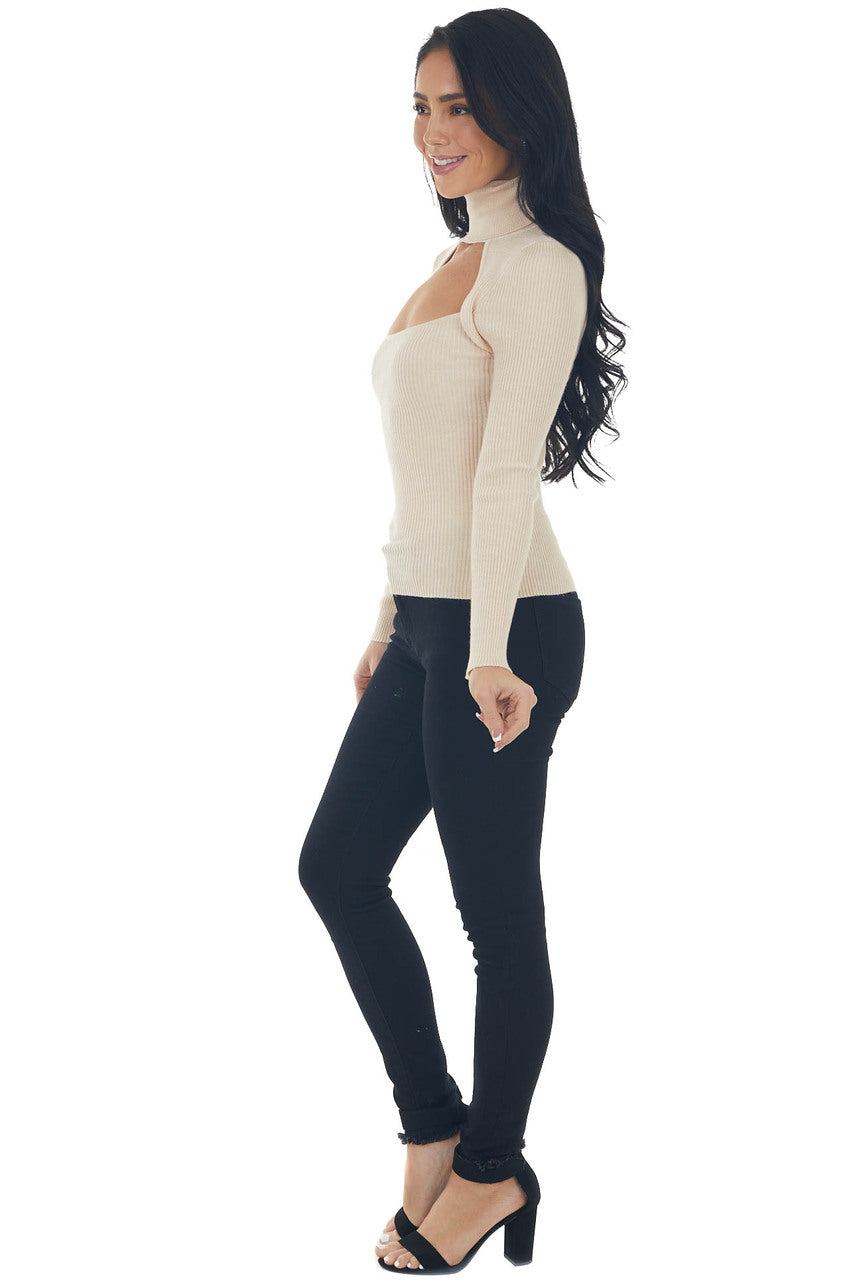 Desert Sand Ribbed Knit Long Sleeve Turtleneck
