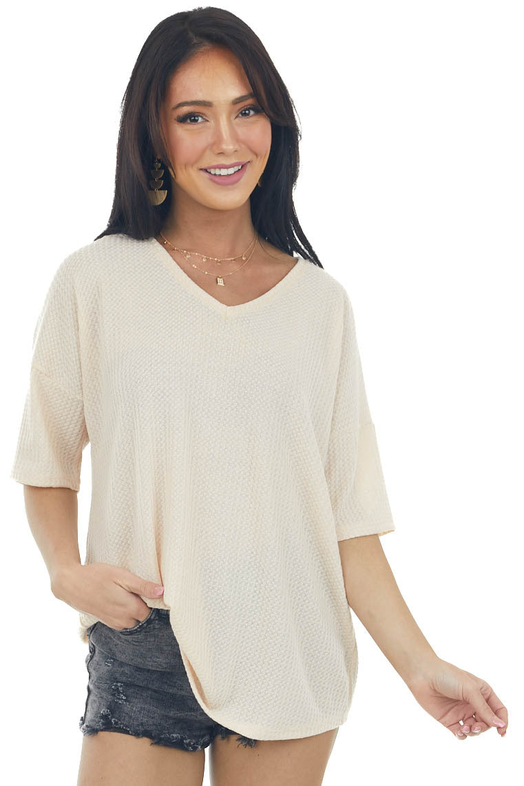 Desert Sand Waffle Knit Top with V Neckline