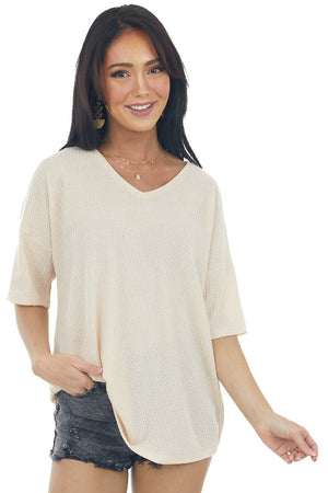 Desert Sand Waffle Knit Top with V Neckline
