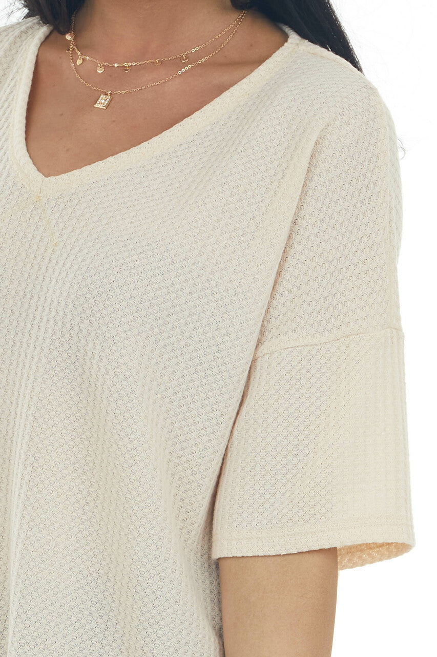 Desert Sand Waffle Knit Top with V Neckline