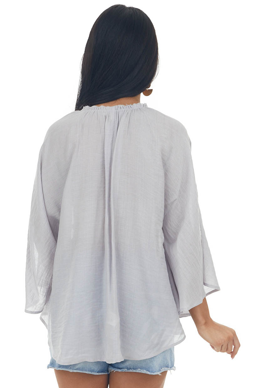 Dove Grey Frayed Neck Textured Peasant Blouse
