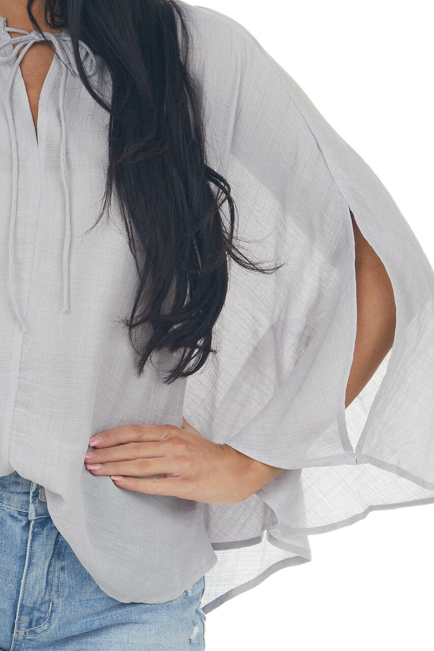 Dove Grey Frayed Neck Textured Peasant Blouse