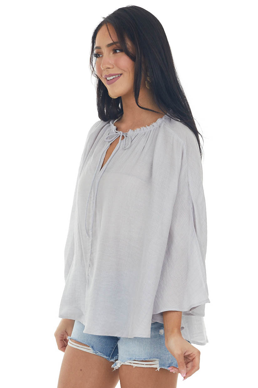 Dove Grey Frayed Neck Textured Peasant Blouse