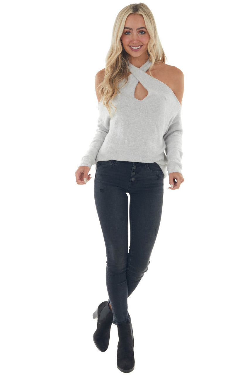 Dove Grey Long Sleeve Halter Neck Lightweight Sweater