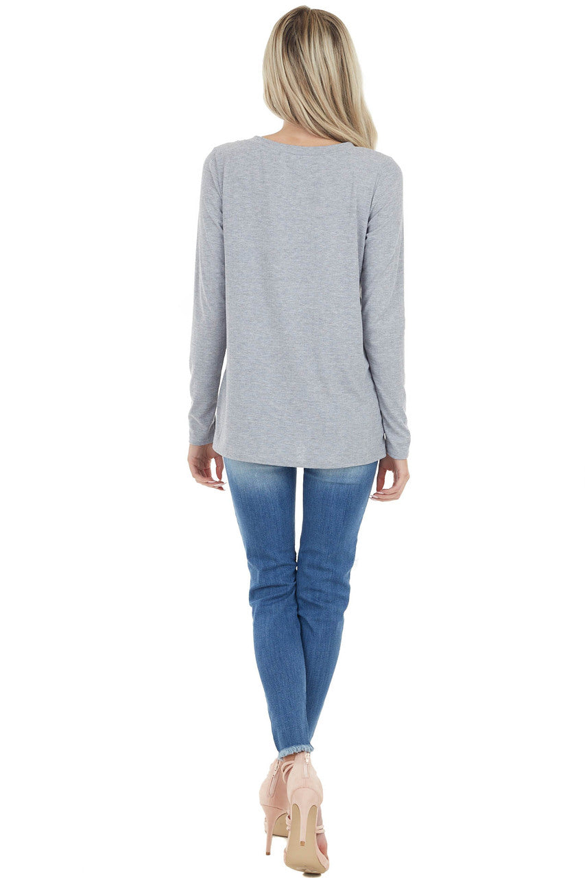 Dove Grey Long Sleeve Textured Knit Top with Chest Cutout 