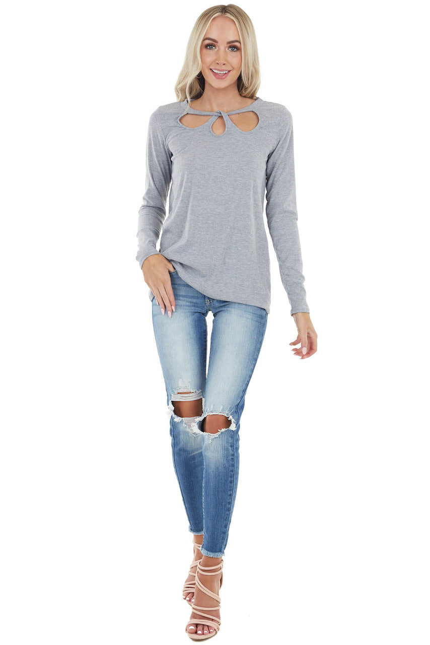 Dove Grey Long Sleeve Textured Knit Top with Chest Cutout 