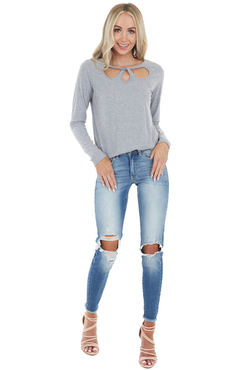Dove Grey Long Sleeve Textured Knit Top with Chest Cutout 
