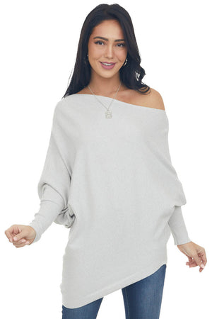 Dove Grey Ribbed Knit Asymmetrical Off the Shoulder Top 
