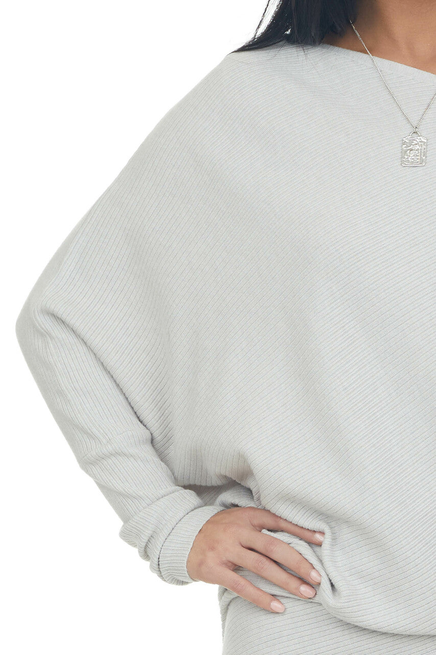 Dove Grey Ribbed Knit Asymmetrical Off the Shoulder Top 