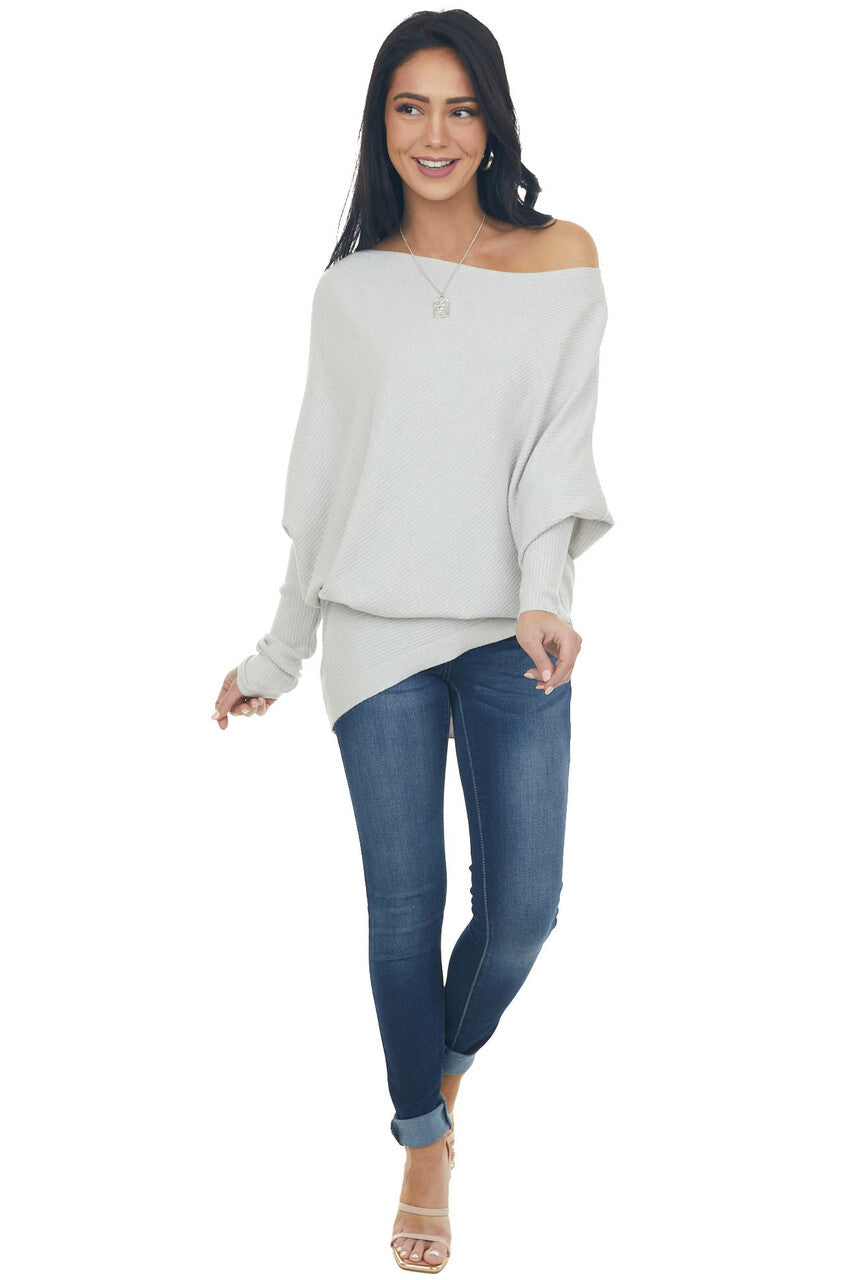 Dove Grey Ribbed Knit Asymmetrical Off the Shoulder Top 