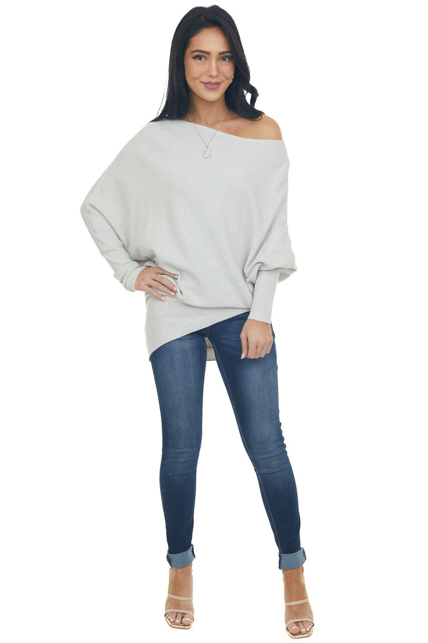 Dove Grey Ribbed Knit Asymmetrical Off the Shoulder Top 