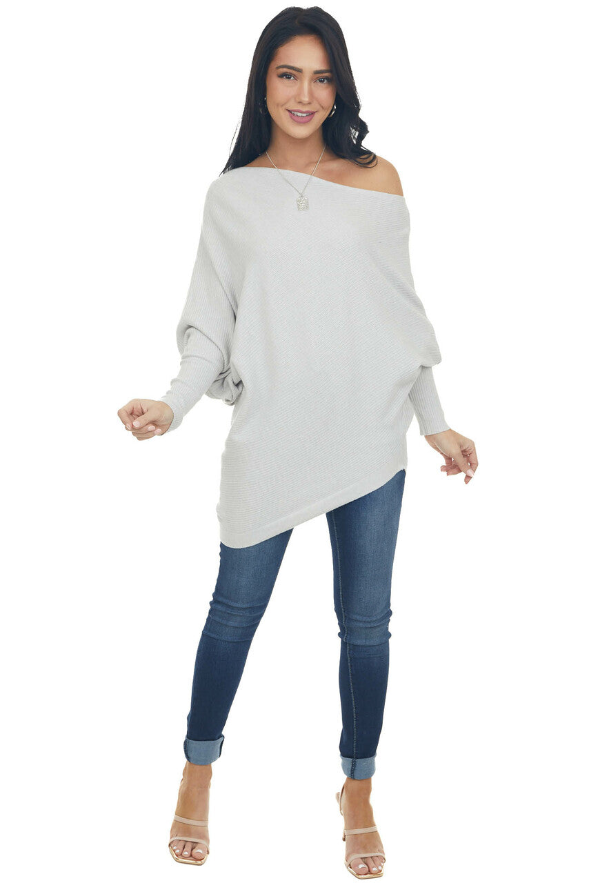 Dove Grey Ribbed Knit Asymmetrical Off the Shoulder Top 