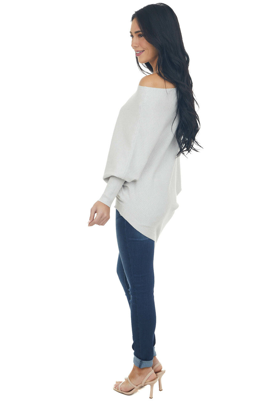 Dove Grey Ribbed Knit Asymmetrical Off the Shoulder Top 