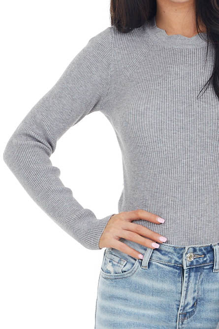 Dove Grey Ribbed Knit Bodysuit with Scalloped Neckline