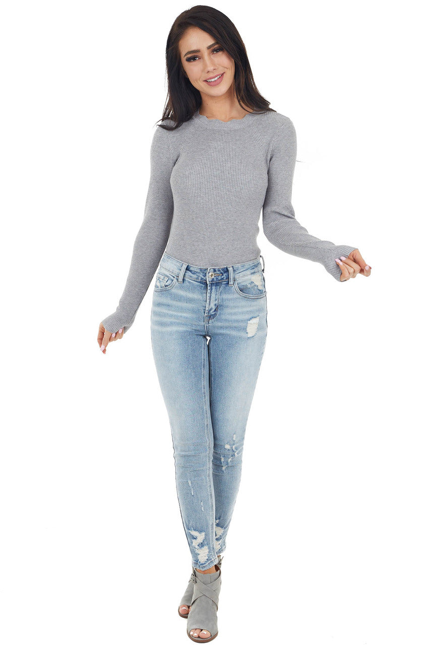 Dove Grey Ribbed Knit Bodysuit with Scalloped Neckline