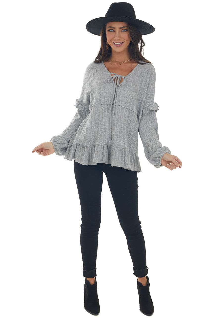 Dove Grey Ribbed Knit Long Sleeve Ruffle Top with Front Tie