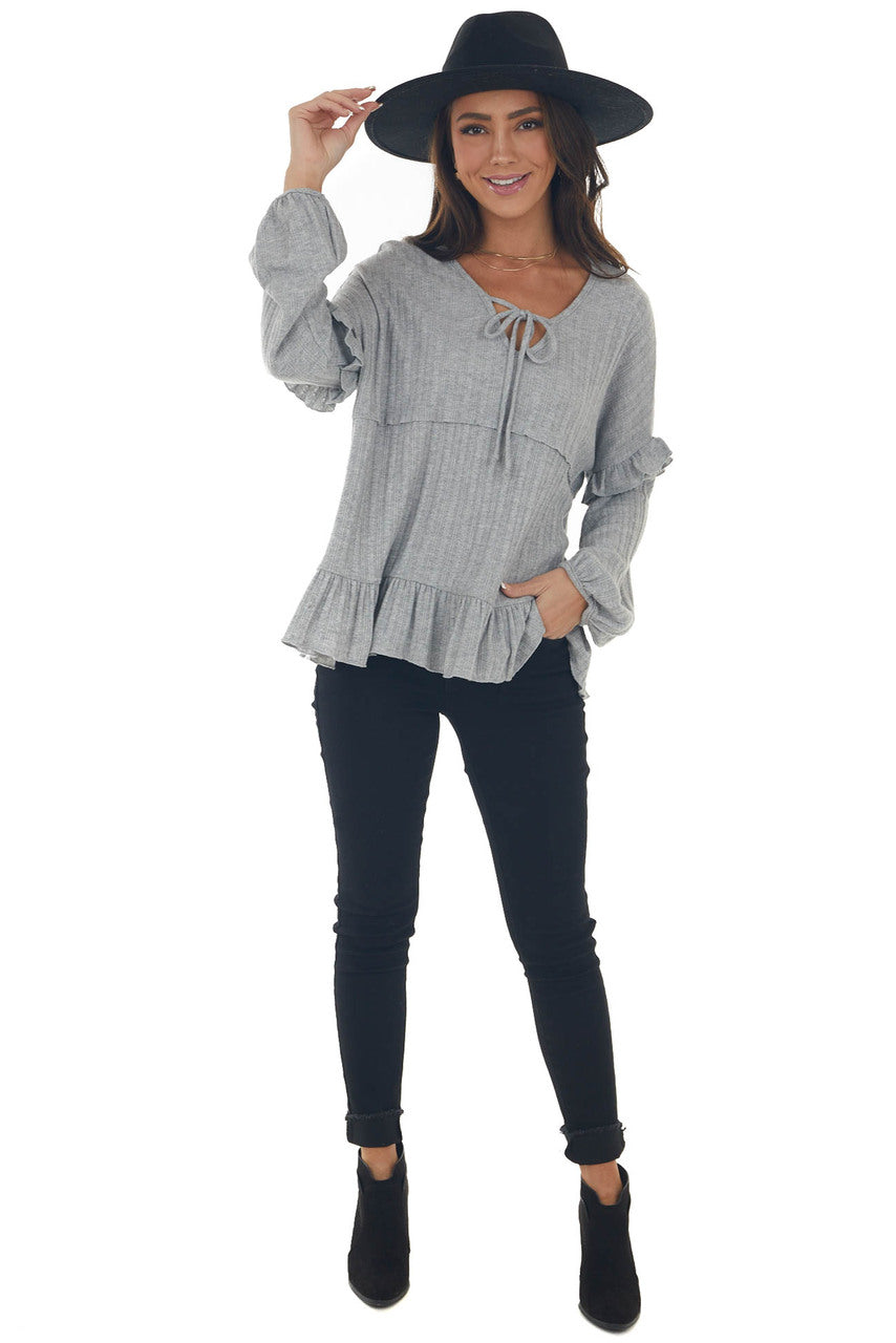 Dove Grey Ribbed Knit Long Sleeve Ruffle Top with Front Tie