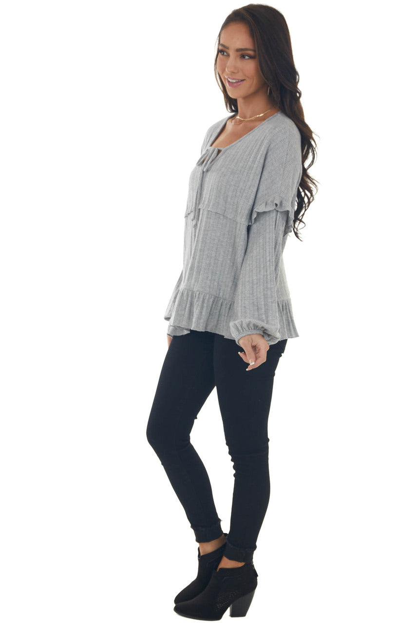 Dove Grey Ribbed Knit Long Sleeve Ruffle Top with Front Tie