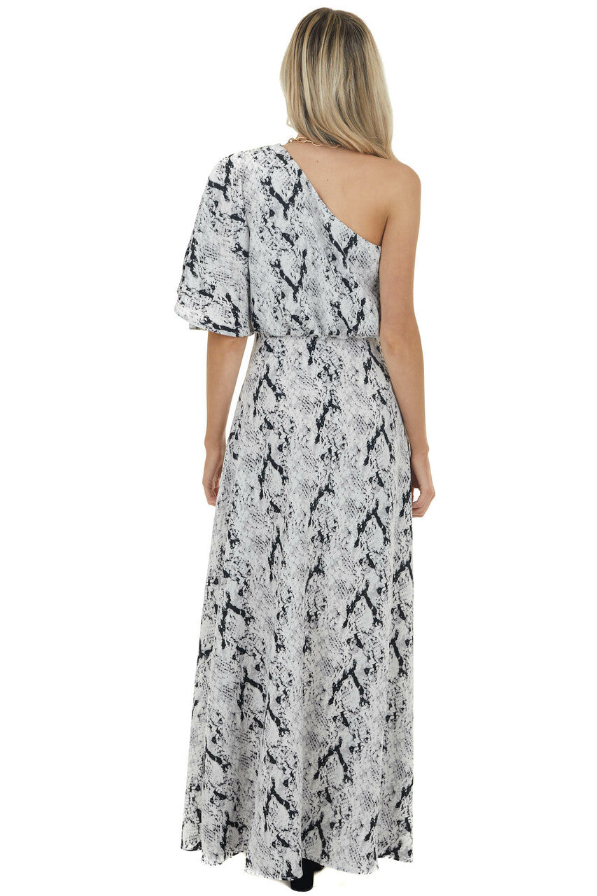 Dove Grey Snakeskin Print Woven Maxi Dress with One Shoulder 