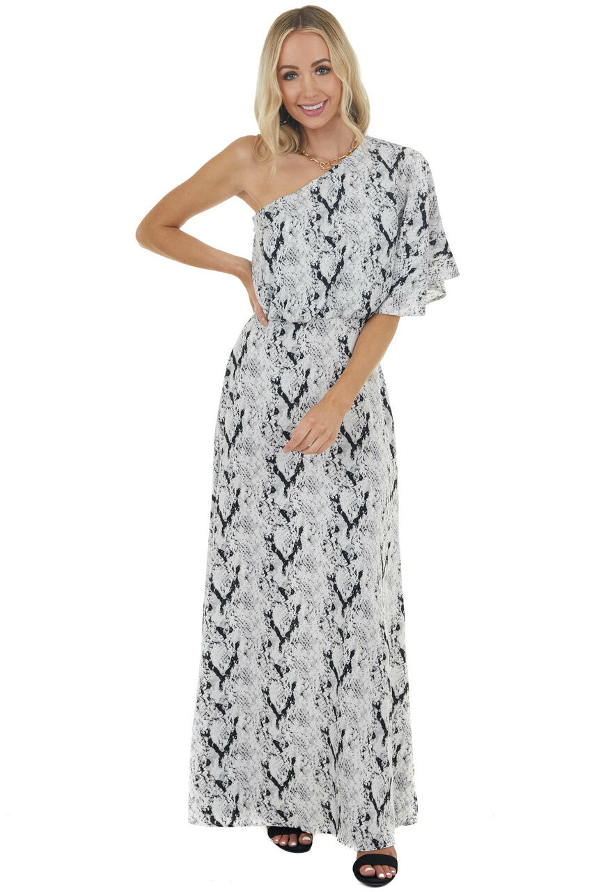 Dove Grey Snakeskin Print Woven Maxi Dress with One Shoulder 