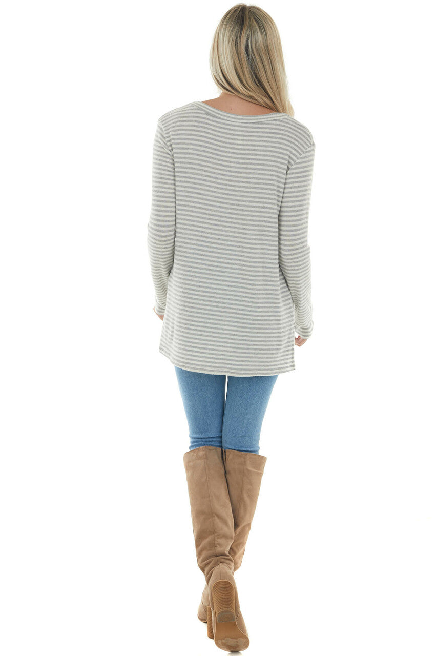 Dove Grey Striped Brushed Knit Button Top