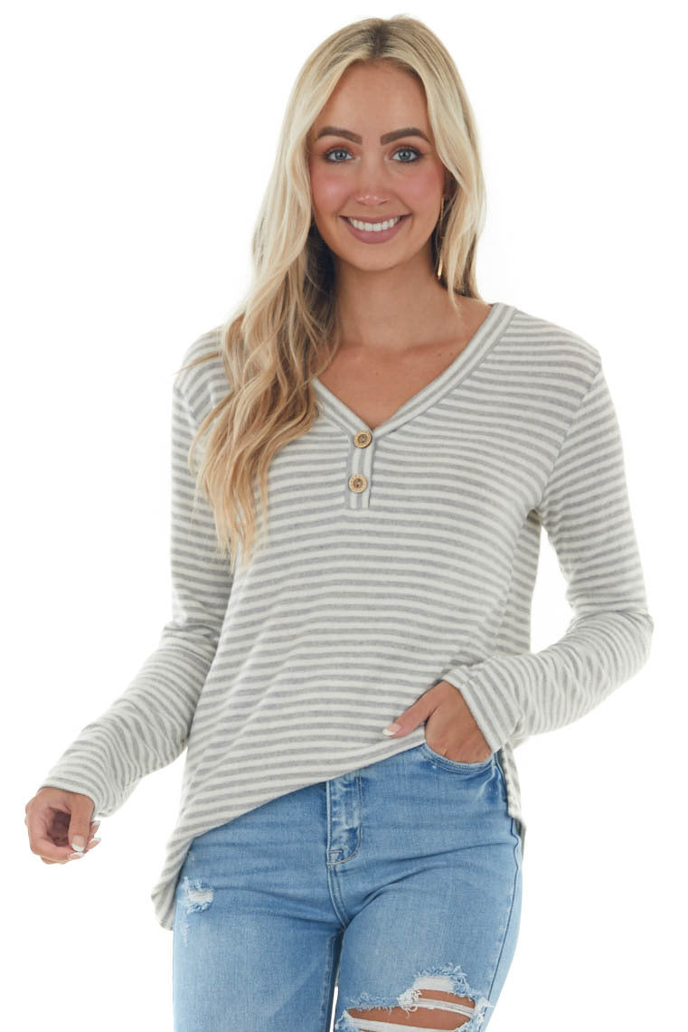 Dove Grey Striped Brushed Knit Button Top