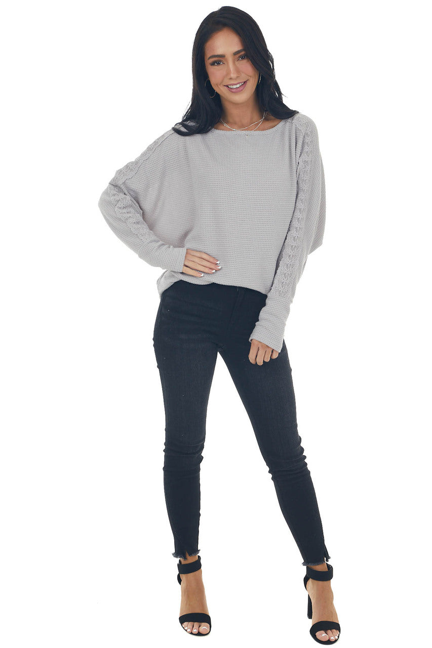Dove Grey Waffle Knit Dolman Lace Sleeve Top 