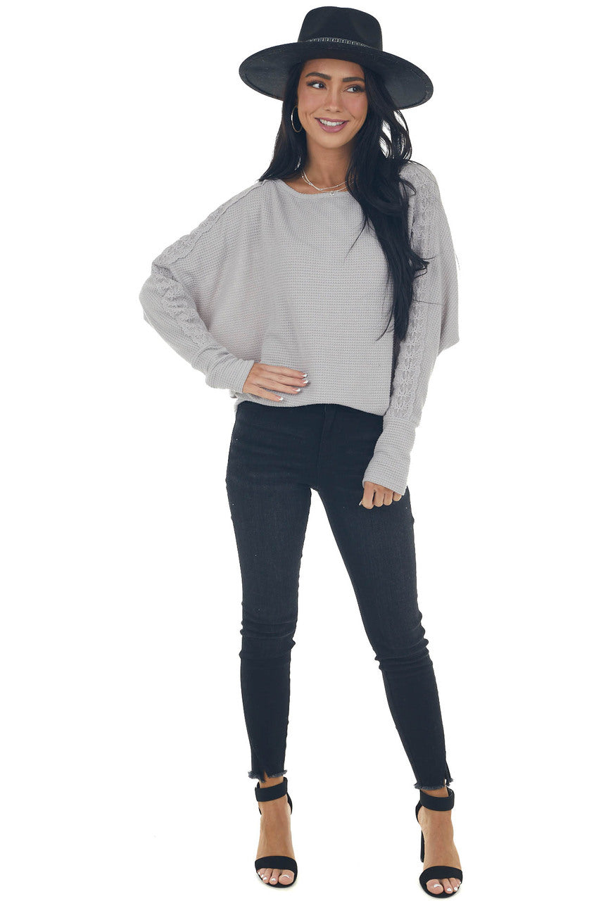 Dove Grey Waffle Knit Dolman Lace Sleeve Top 