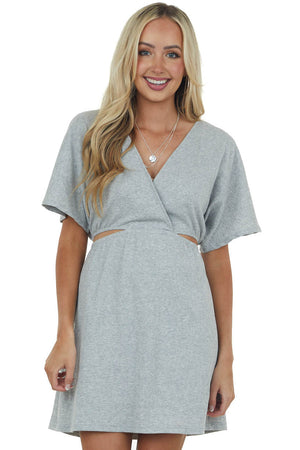 Dove Grey Waist Cut Out Crinkle Knit Mini Dress