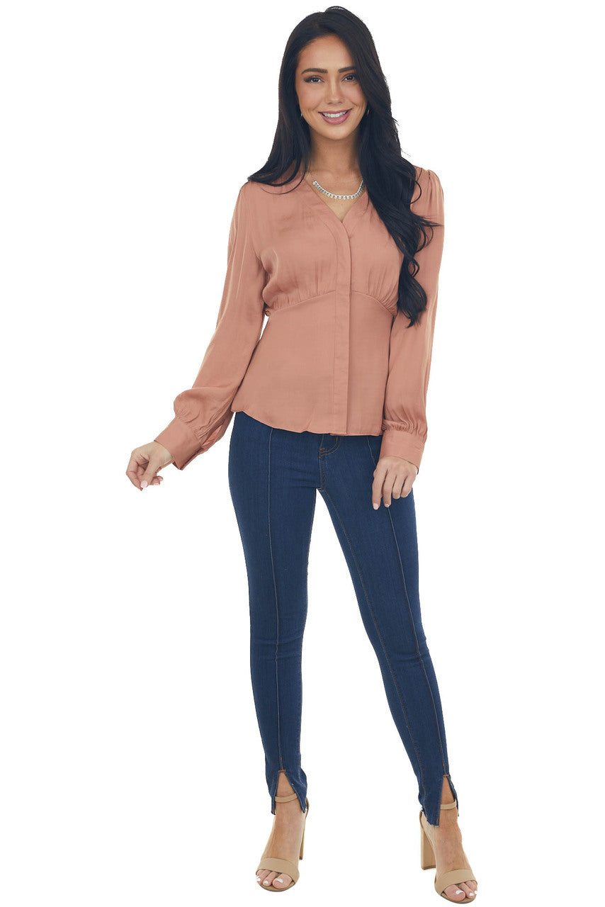 Dusty Apricot V Neck Drop Waist Satin Blouse