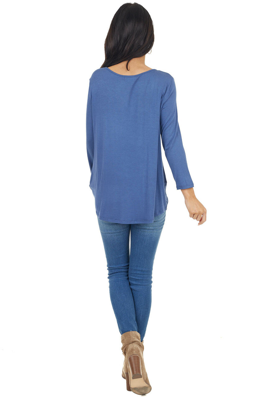 Dusty Blue 3/4 Sleeve Top with Caged Neckline Detail