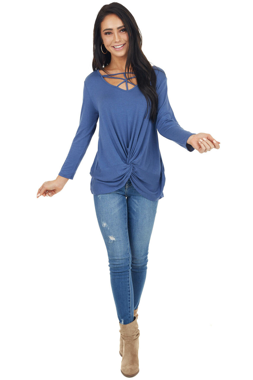 Dusty Blue 3/4 Sleeve Top with Caged Neckline Detail
