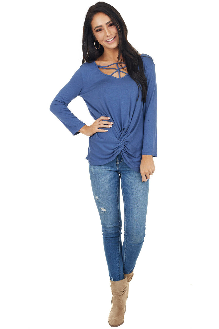 Dusty Blue 3/4 Sleeve Top with Caged Neckline Detail